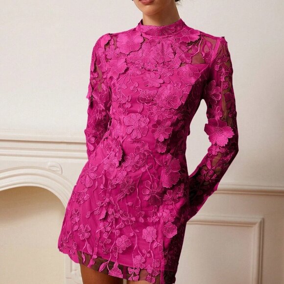 Hot Pink Elegant Women's Embroidery Floral Embroidered long sleeve Mesh dress - Picture 4 of 6